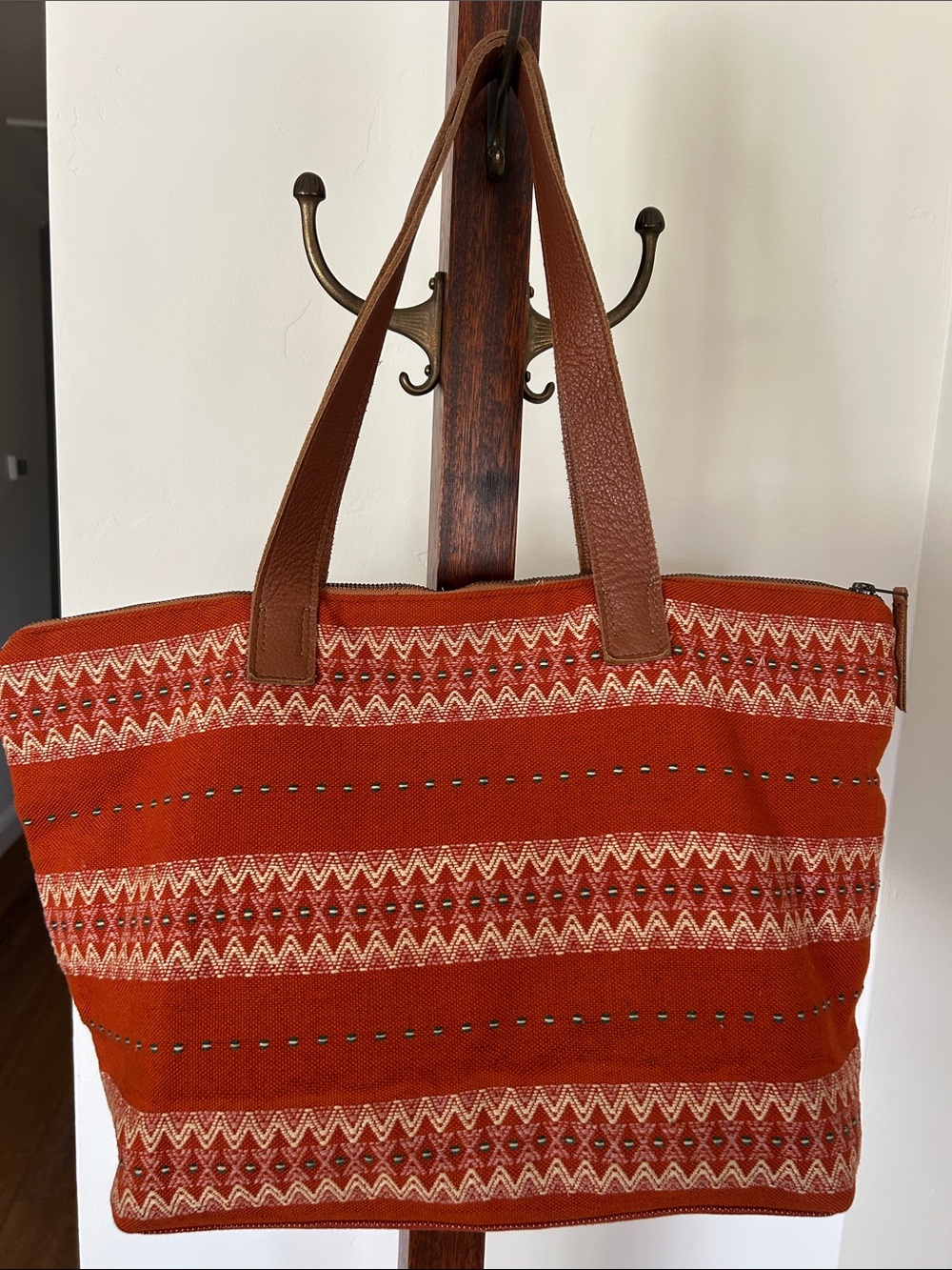 Mercado Global Boho Handwoven Fabric & Leather Shoulder Tote Bag